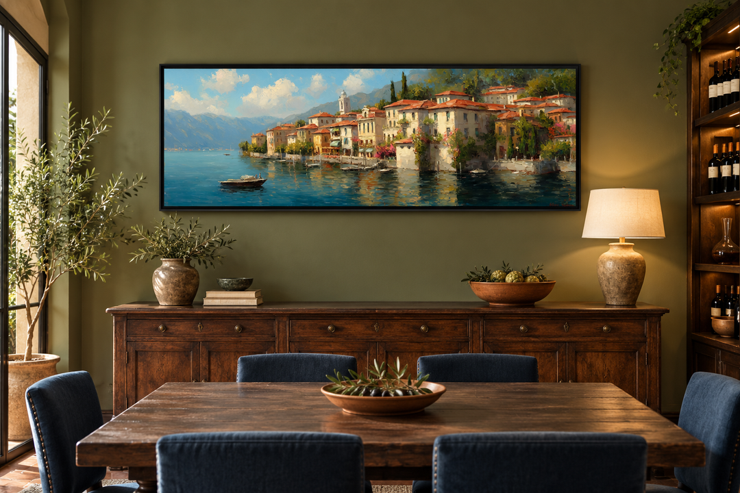 Bellagio Lake Como framed canvas wall art featuring a colorful Italian lakeside village painting.