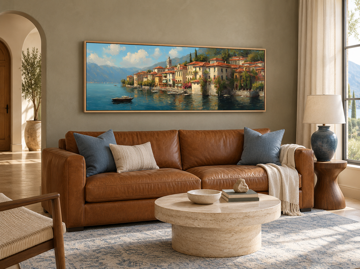 Bellagio Lake Como framed canvas wall art featuring a colorful Italian lakeside village painting.
