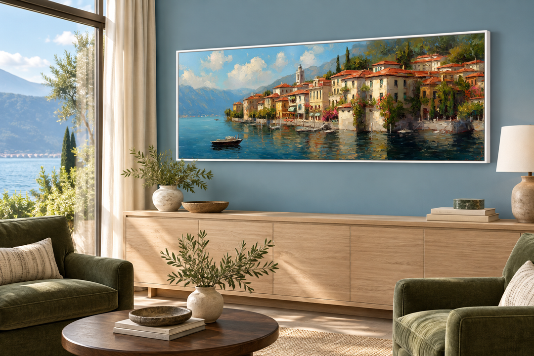 Bellagio Lake Como framed canvas wall art featuring a colorful Italian village by the water.