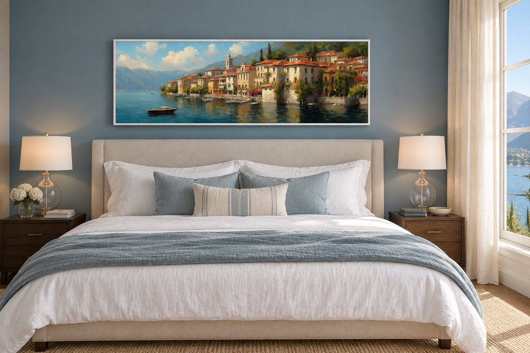 Bellagio Lake Como framed canvas wall art hanging above a bed in a modern bedroom.