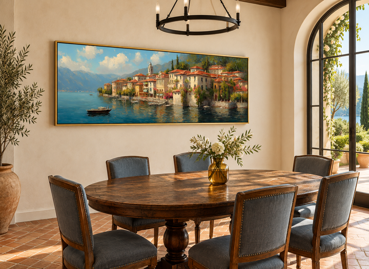 Bellagio Lake Como framed canvas wall art depicting a colorful Italian village by the water.