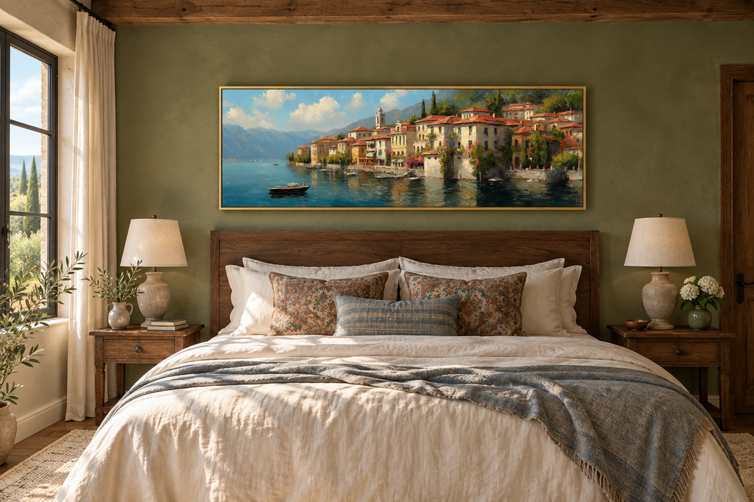 Bellagio Lake Como framed canvas wall art featuring a colorful Italian village above a bed.