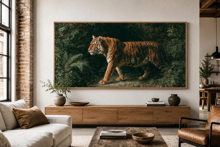 Bengal tiger canvas print in a wide frame, featuring a realistic tiger walking through a jungle.