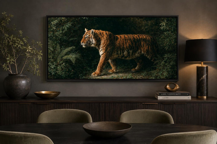 Bengal tiger canvas print in a cinematic wide format, featuring realistic wildlife wall art.