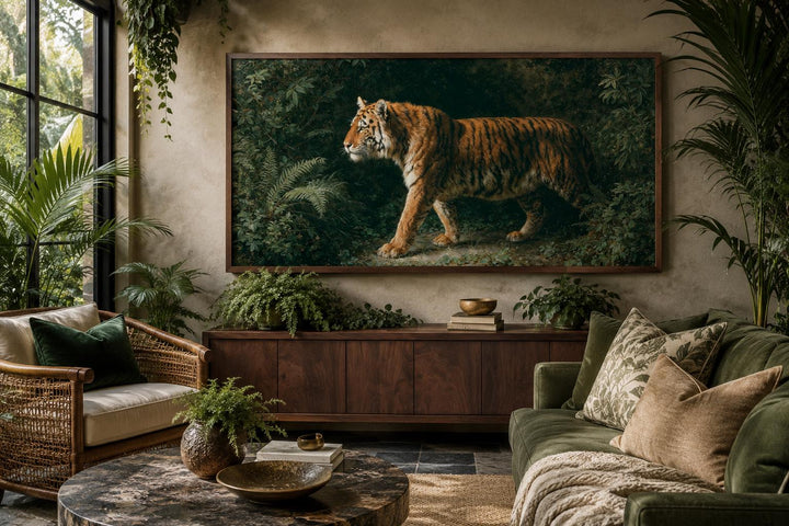 Bengal tiger canvas print in a wide frame above a wooden sideboard in a lush, green living room.