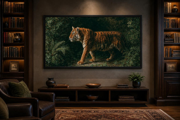 Bengal tiger canvas print in a cinematic jungle setting, styled in a dark wood library.