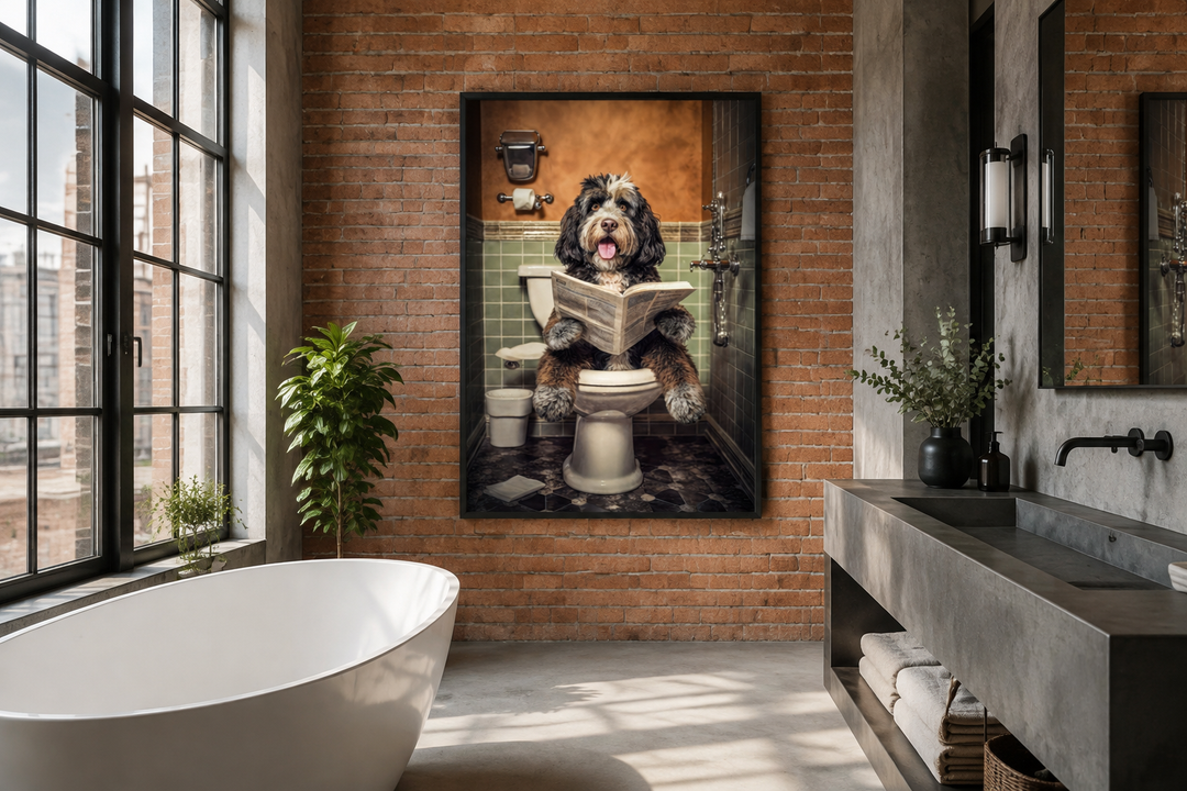 Bernedoodle dog reading a newspaper on a toilet framed canvas art in a modern industrial bathroom.