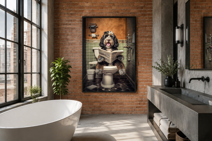 Bernedoodle dog reading a newspaper on a toilet framed canvas art in a modern industrial bathroom.