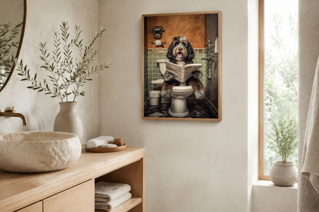 Bernedoodle dog on a toilet reading a newspaper framed canvas wall art in a modern bathroom.