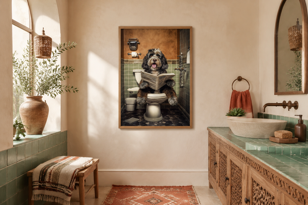 Bernedoodle dog reading a newspaper on a toilet, framed canvas wall art in a rustic bathroom.