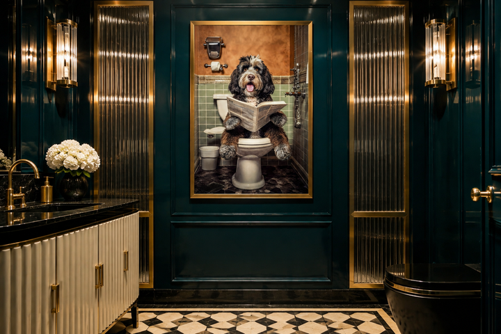 Bernedoodle dog reading a newspaper on a toilet in a gold-framed canvas on a dark green wall.