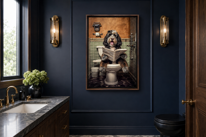 Bernedoodle dog reading a newspaper on a toilet framed canvas art in a dark blue bathroom.