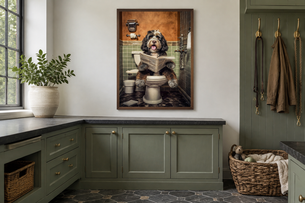 Framed canvas art of a Bernedoodle dog sitting on a toilet reading a newspaper in a bathroom.