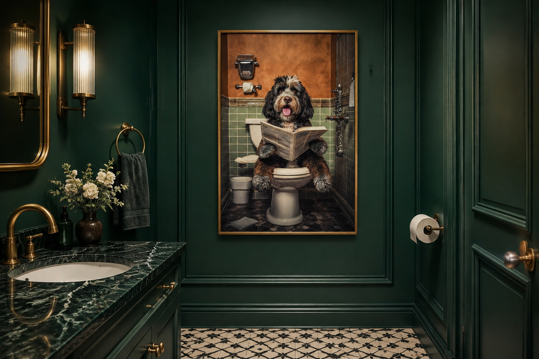 Framed canvas wall art of a Bernedoodle dog reading a newspaper on a toilet in a green bathroom.