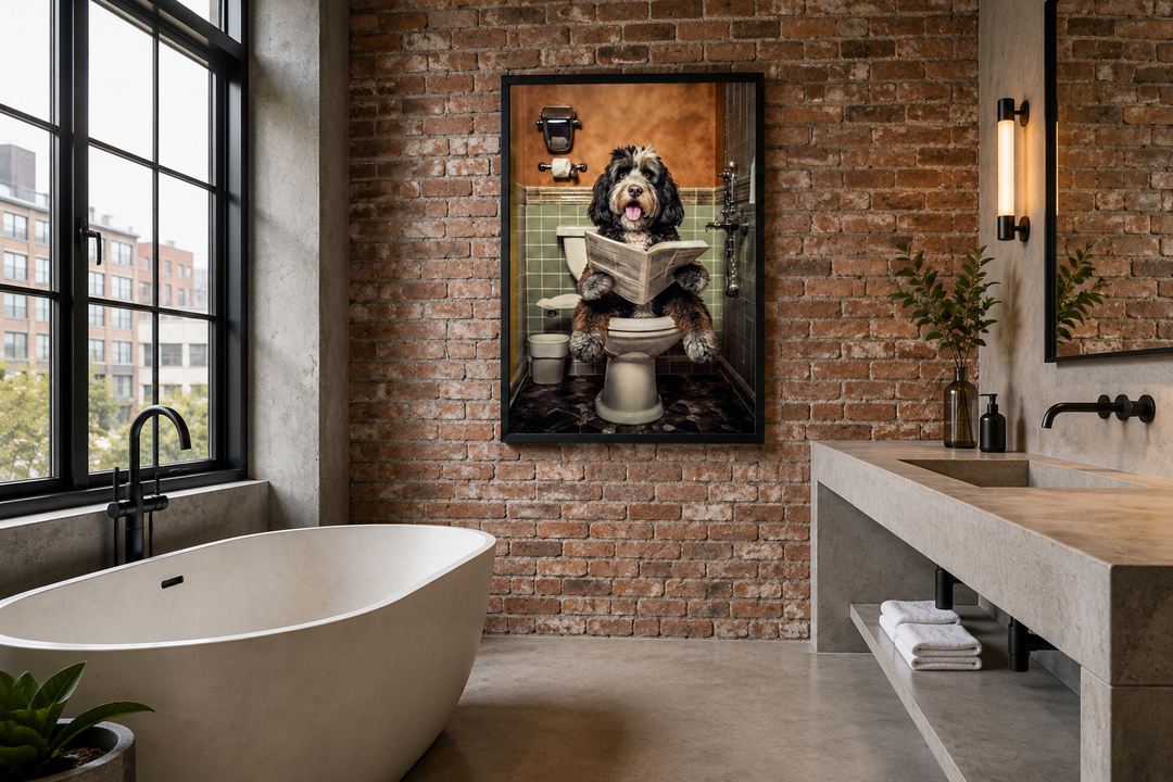 Bernedoodle dog on a toilet reading a newspaper framed canvas wall art in a modern bathroom.