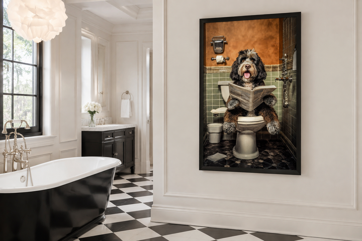 Bernedoodle dog on the toilet reading a newspaper framed canvas wall art in a modern bathroom.
