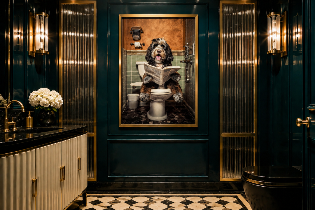 Bernedoodle dog on a toilet reading a newspaper framed canvas wall art in a dark green bathroom.