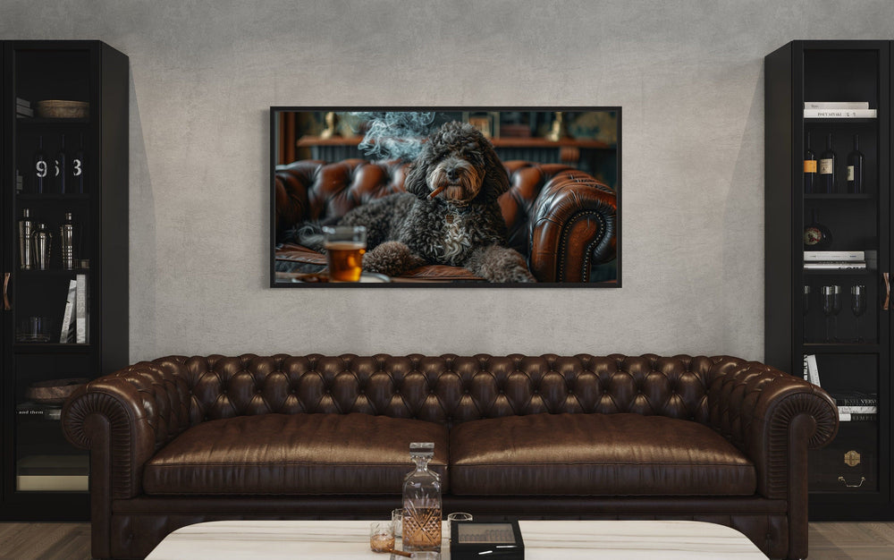 Bernedoodle On Couch Smoking Cigar Drinking Whiskey Framed Canvas Wall Art in man cave