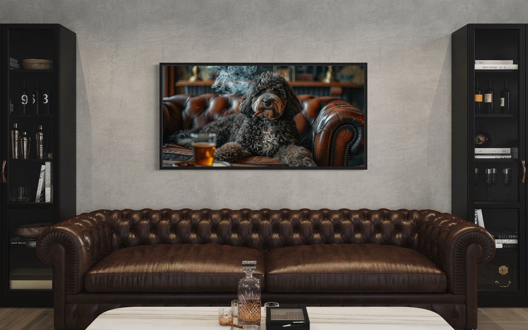 Bernedoodle On Couch Smoking Cigar Drinking Whiskey Framed Canvas Wall Art