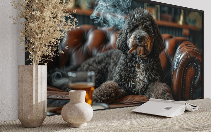 Bernedoodle On Couch Smoking Cigar Drinking Whiskey Framed Canvas Wall Art