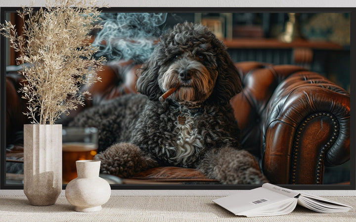 Bernedoodle On Couch Smoking Cigar Drinking Whiskey Framed Canvas Wall Art