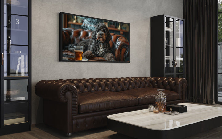 Bernedoodle On Couch Smoking Cigar Drinking Whiskey Framed Canvas Wall Art