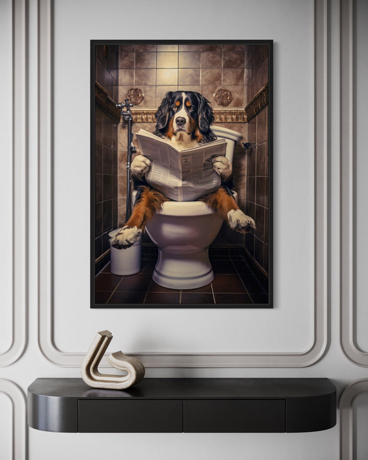 Bernese Mountain Dog On The Toilet Reading Newspaper Picture