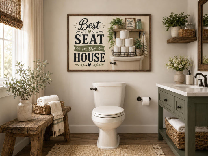 Farmhouse bathroom wall art featuring 'Best Seat in the House' text above a toilet.