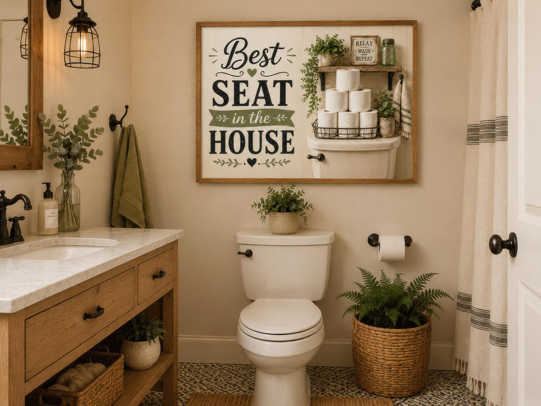 Farmhouse bathroom wall art featuring 'Best Seat in the House' text above a white toilet.
