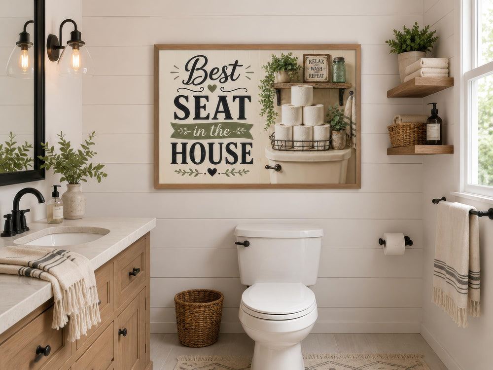 Farmhouse bathroom wall art with 'Best Seat in the House' text in black on a cream canvas background.