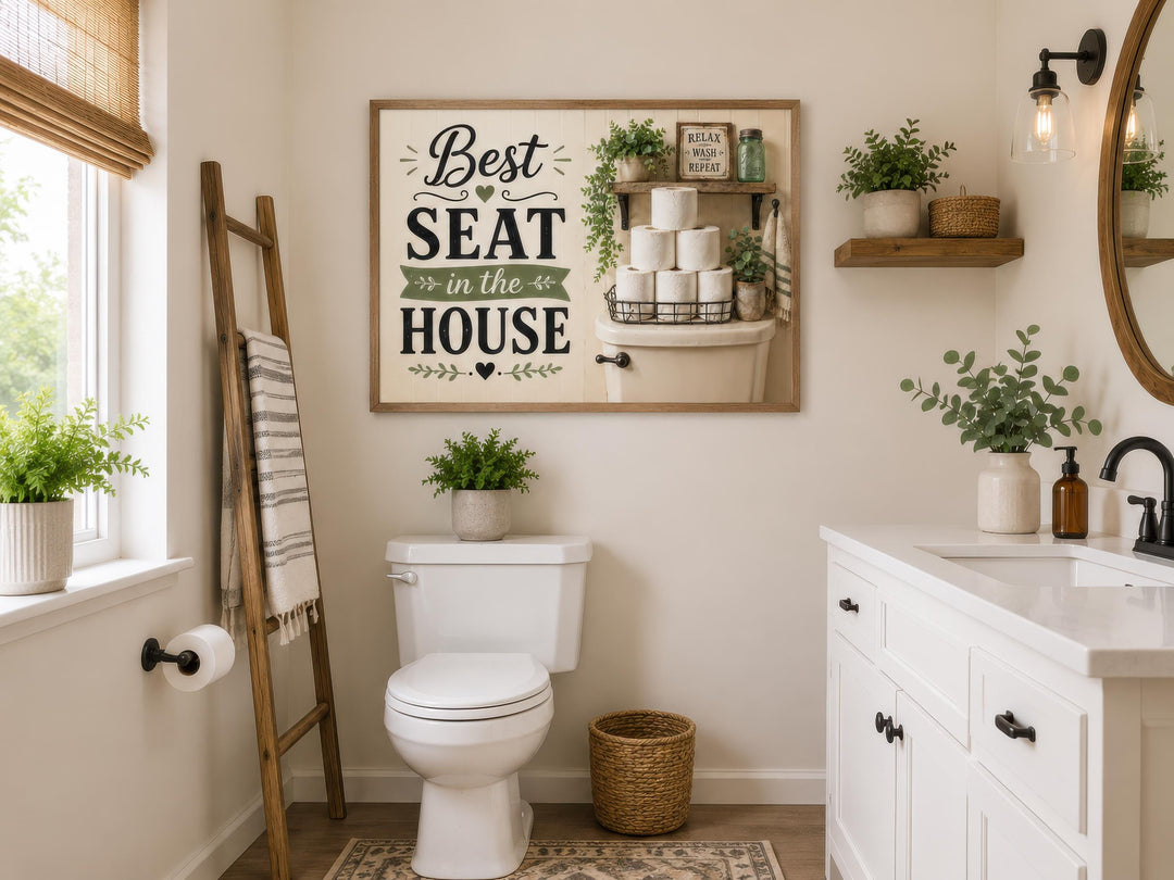 Farmhouse bathroom wall art featuring 'Best Seat in the House' typography above a toilet.