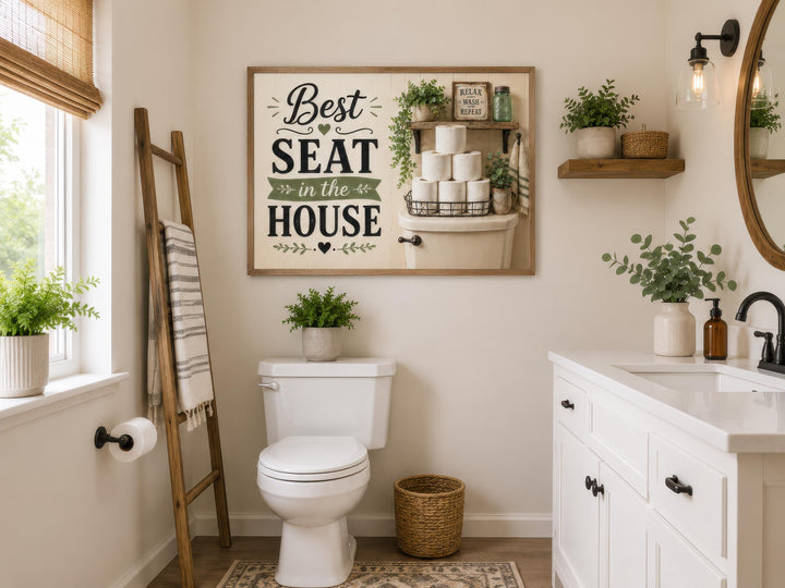 Farmhouse bathroom wall art featuring 'Best Seat in the House' typography above a toilet.