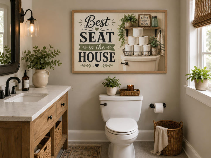 Farmhouse bathroom wall art featuring "Best Seat in the House" text in a wooden frame above a toilet.