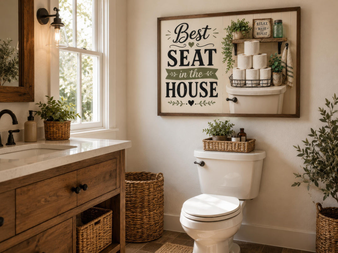 Farmhouse bathroom wall art featuring 'Best Seat in the House' text in black on a cream background.