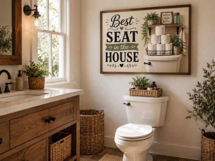 Farmhouse bathroom wall art featuring 'Best Seat in the House' text in black on a cream background.