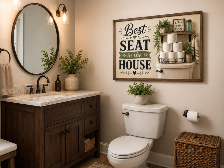 Farmhouse bathroom wall art with 'Best Seat in the House' text in black on a cream canvas background.