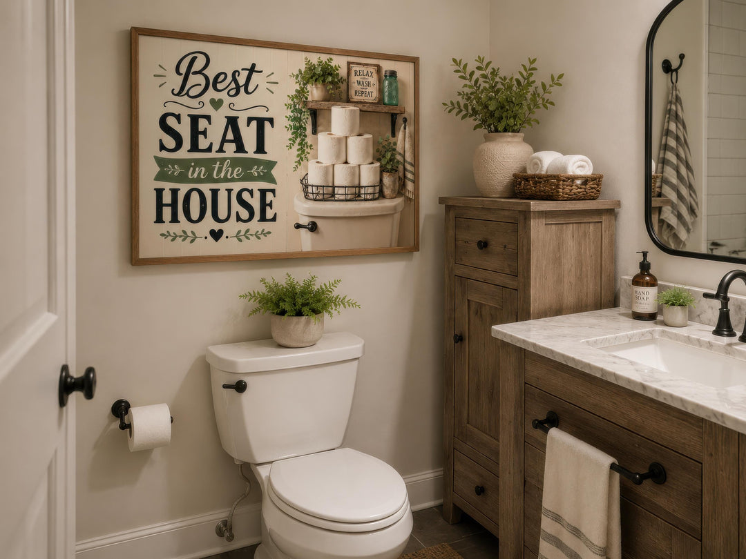 Farmhouse bathroom wall art featuring 'Best Seat in the House' text above a white toilet.