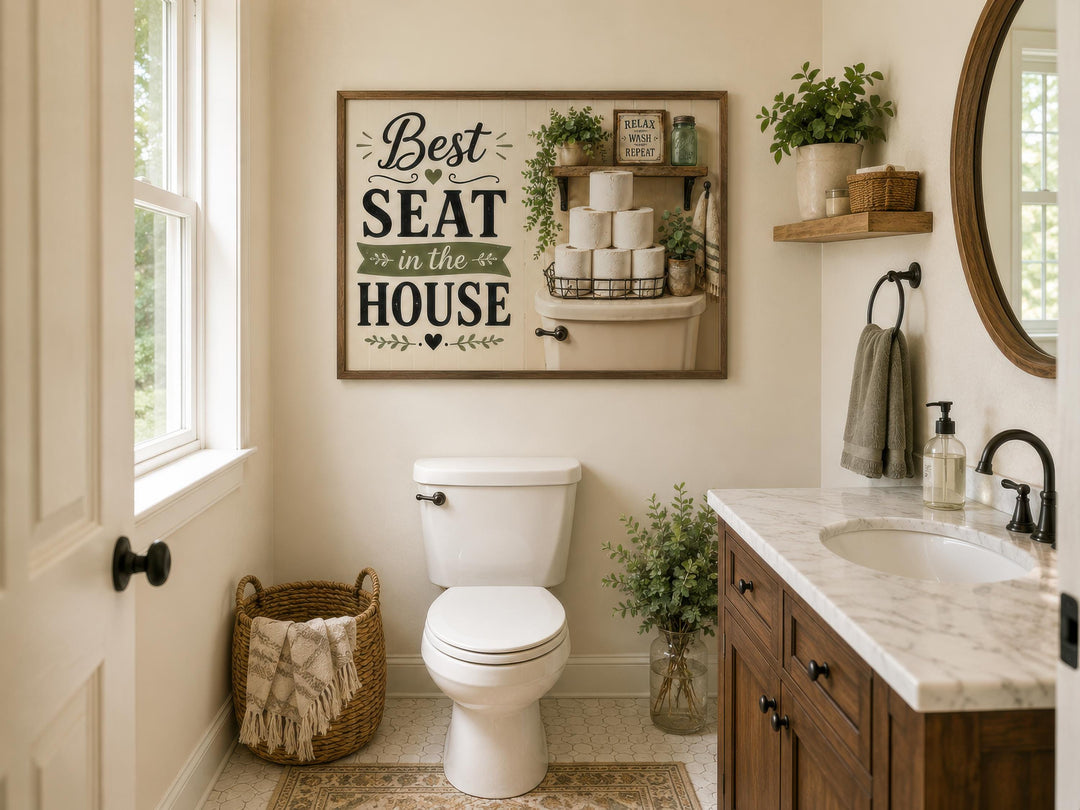 Farmhouse bathroom wall art with "Best Seat in the House" text hanging above a white toilet.