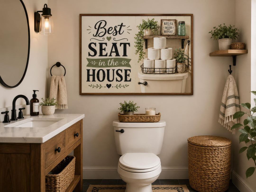 Farmhouse bathroom wall art featuring 'Best Seat in the House' text in black on a cream background.