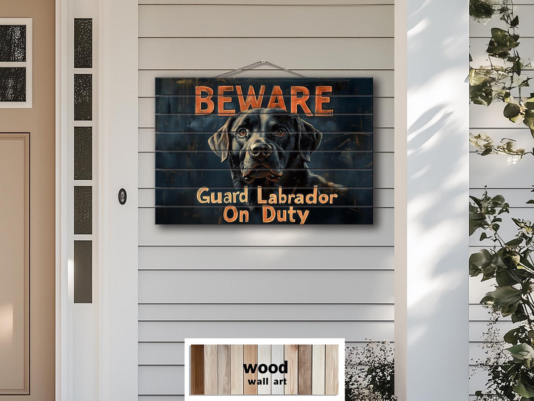 Beware Guard Black Labrador Retriever Sign Distressed Wood Wall Art