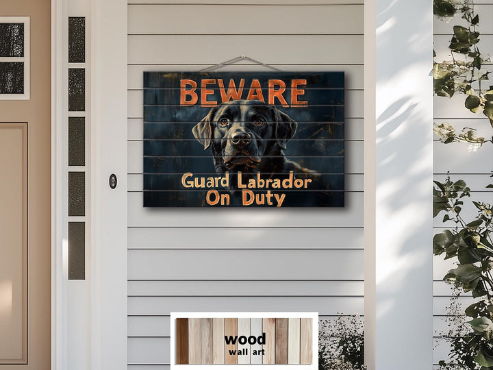 Beware Guard Black Labrador Retriever Sign Distressed Wood Wall Art