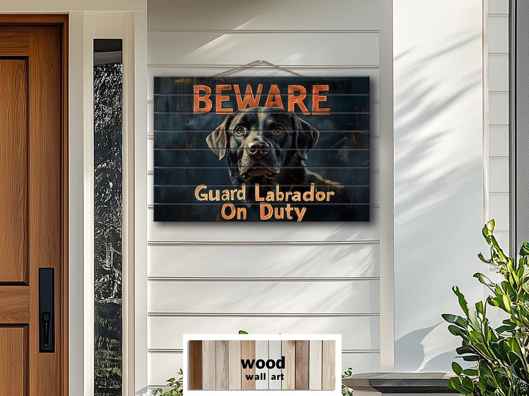 Beware Guard Black Labrador Retriever Sign Distressed Wood Wall Art