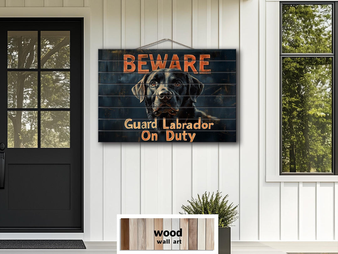 Beware Guard Black Labrador Retriever Sign Distressed Wood Wall Art
