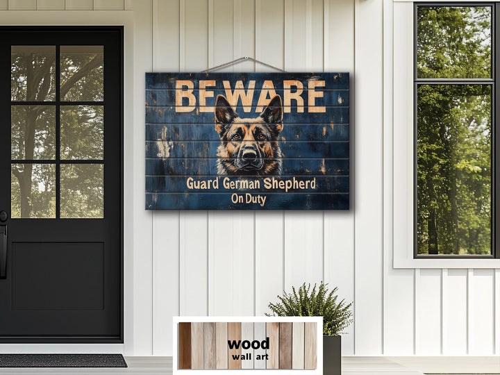 Beware Guard German Shepherd On Duty Sign Distressed Wood Wall Art