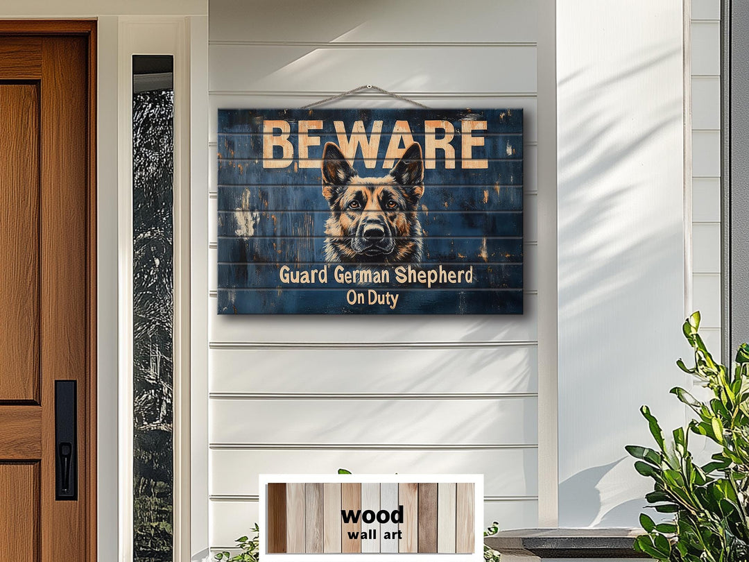 Beware Guard German Shepherd On Duty Sign Distressed Wood Wall Art