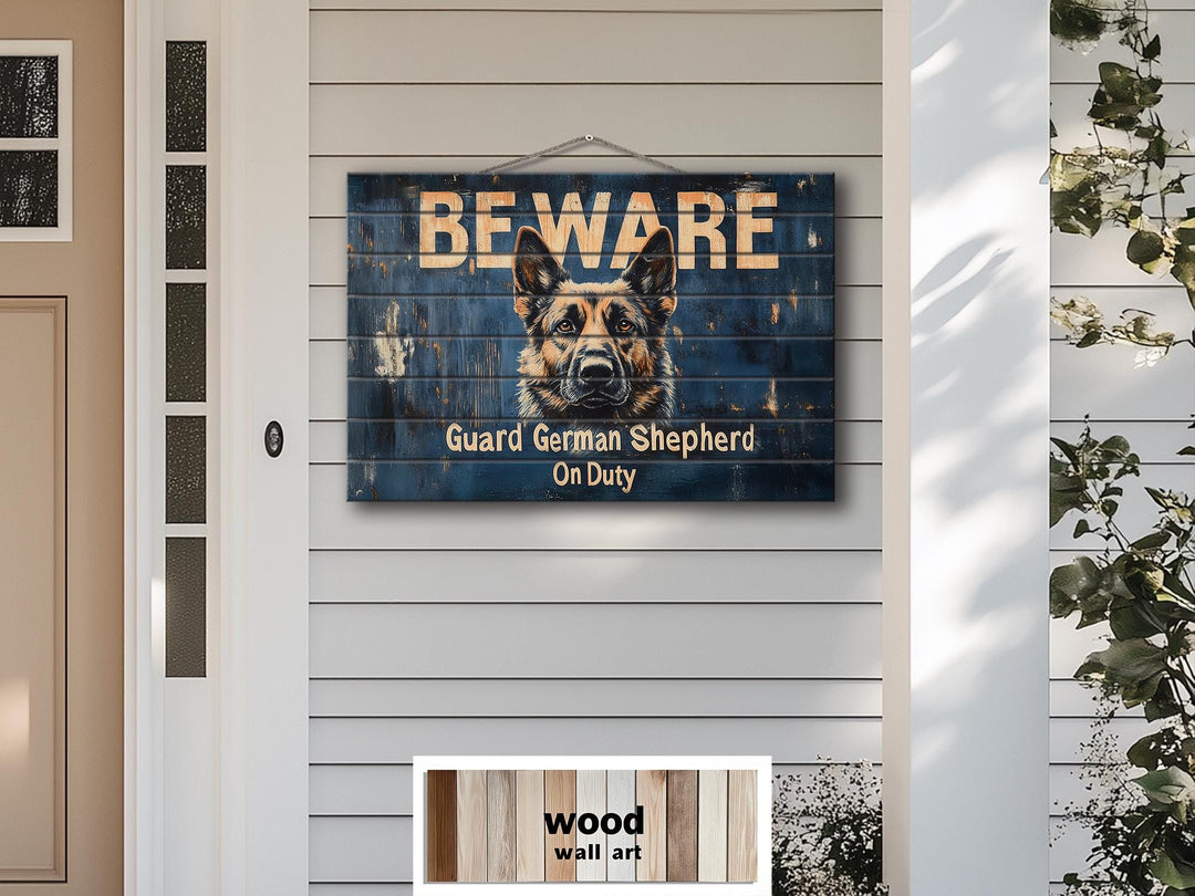 Beware Guard German Shepherd On Duty Sign Distressed Wood Wall Art