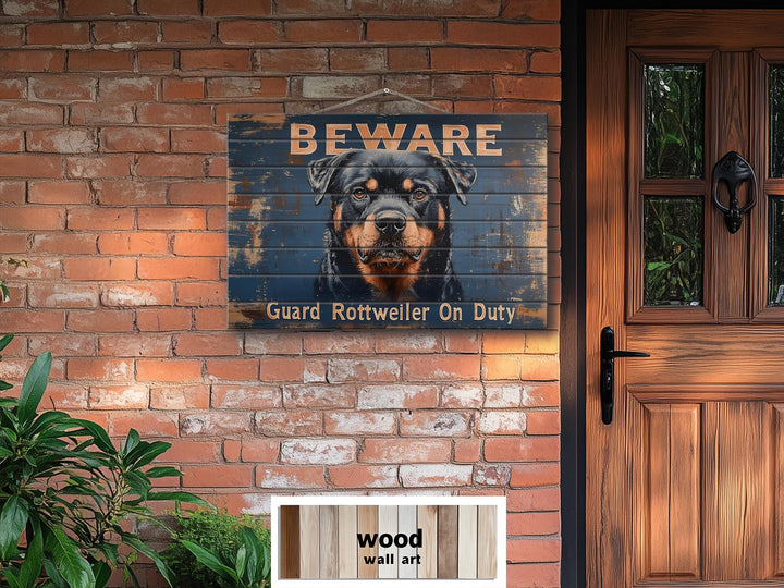 Beware Guard Rottweiler On Duty Sign Distressed Wood Wall Art