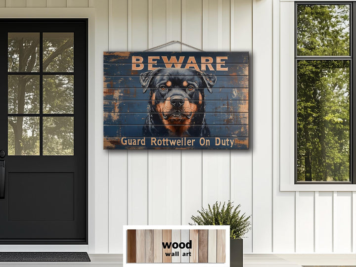 Beware Guard Rottweiler On Duty Sign Distressed Wood Wall Art