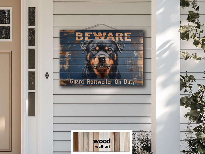Beware Guard Rottweiler On Duty Sign Distressed Wood Wall Art