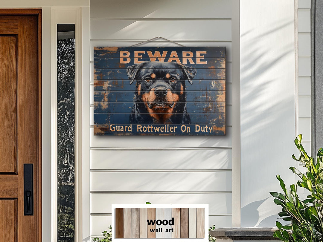 Beware Guard Rottweiler On Duty Sign Distressed Wood Wall Art